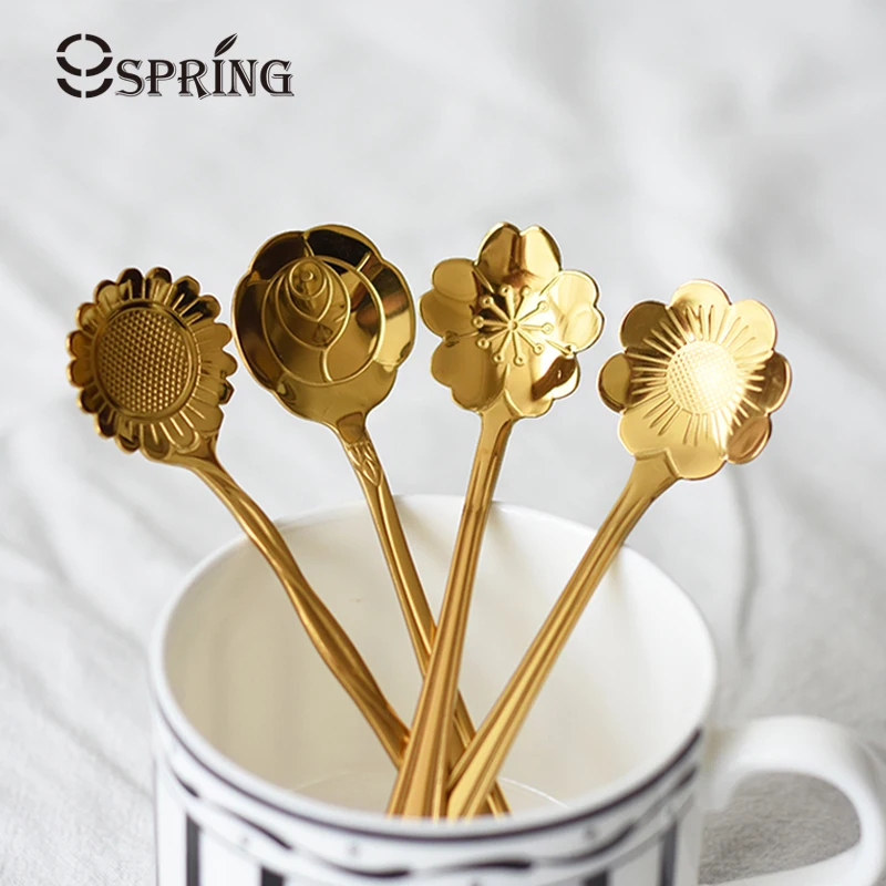 4pcs Stainless Steel Teaspoon Set Gold Flower Spoons Small Vintage