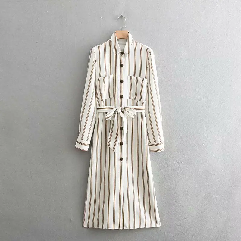 

2019 Vintage Maxi Dress Spring Long Sleeve Striped Shirt Dresses Female Robes Cardigan Luxury Retro Loose Dresses