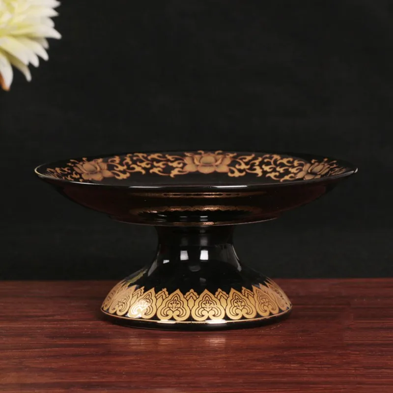 Буддийские предметы, классический изысканный 6-9 дюймов, черный золотой лотос, поднос, высококачественная керамическая тарелка для фруктов, специальное цветочное блюдо