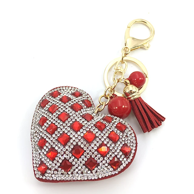 Romantic Women Key Chain Love Heart Pendant Leather tassel Rhinestone