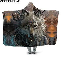 Волк воин 3D Печатный плюшевый с капюшоном одеяло для взрослых Молодежный детский теплый носимый флисовый плед домашний офис моющийся