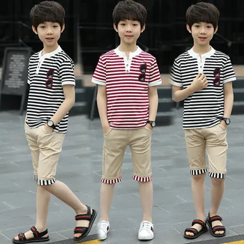 

Teenage Boy Clothing Set Summer 2020 New Cotton Boy Clothing Set T-shit Pants 2pcs Glass Print Striped Children Sports Suit