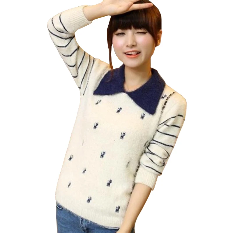 New Autumn Winter Retro Sweater Women Stripes Lapel Embroidered Cat Pull Loose Mohair Pullover Bottoming Jumper Vestidos LXJ081 | Женская