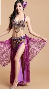 Комплект из 3 предметов, костюм для танца живота, роскошное восточное платье ручной работы с бисером, египетское платье для девочки, танцевальное платье Arabe, фиолетовое, золотое, синее, красное - Цвет: Фиолетовый