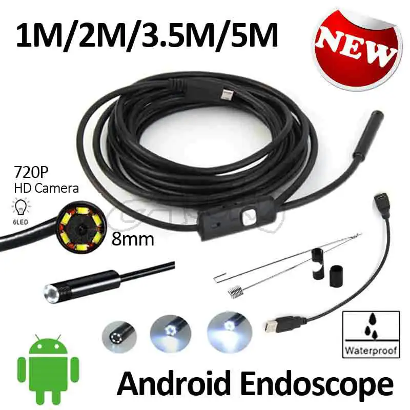 

2MP Android OTG USB Endoscope Camera 8mm Lens HD720P 5M 3.5M 2M 1M Waterproof Snake USB OTG Android Phone Borescope Camera 6LED