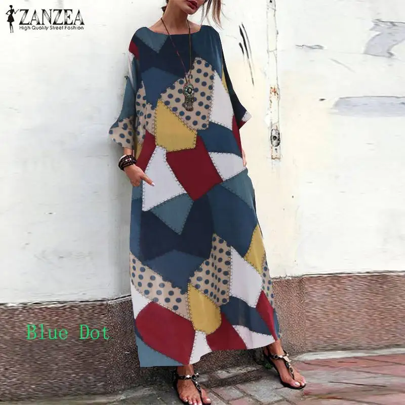 Винтажное мешковатое Платье с принтом, женский летний сарафан ZANZEA, модное длинное платье с рукавом 3/4, Повседневное платье с цветочным рисунком размера плюс 5XL - Цвет: 3 Blue Dot