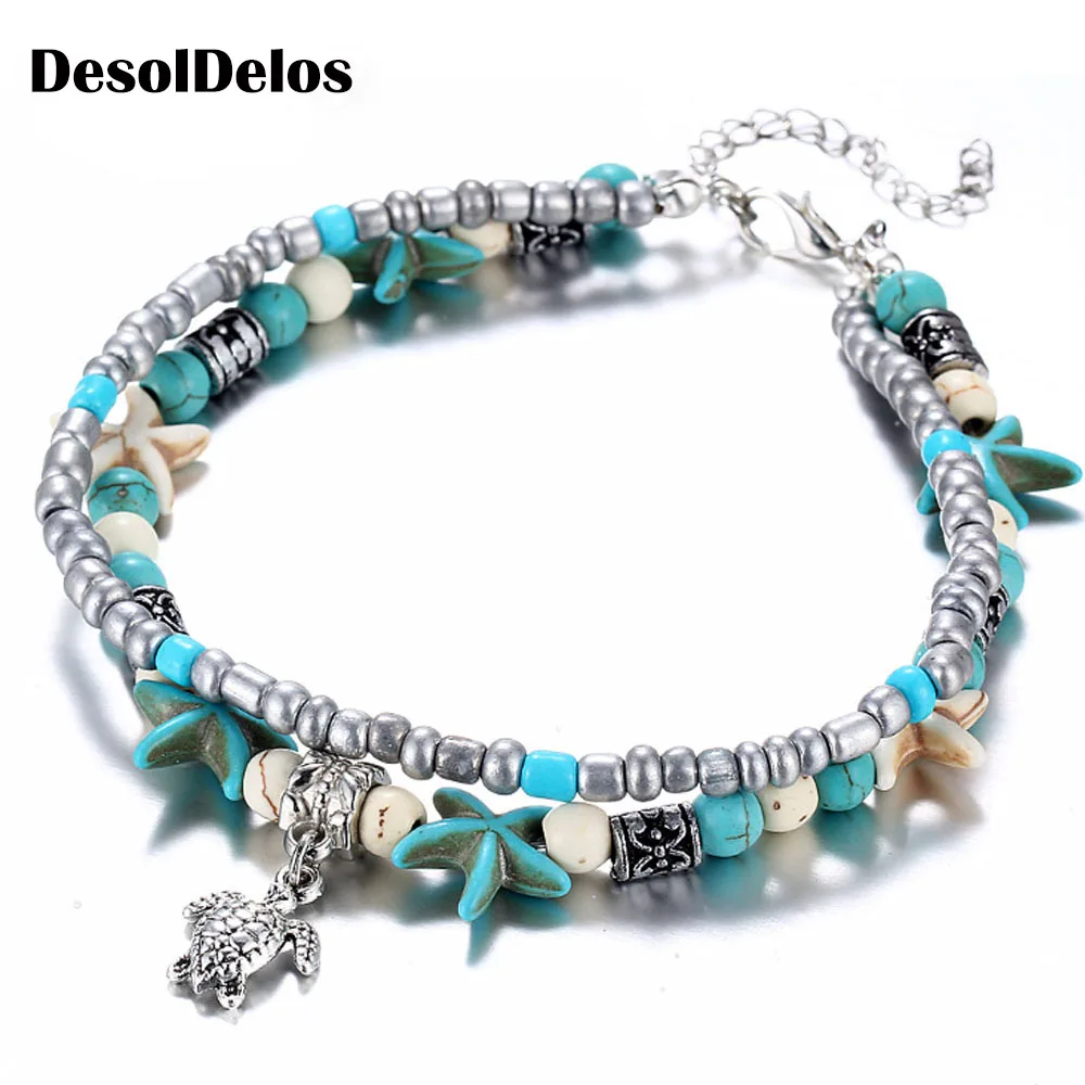 

Bohemian Crystal Stone Anklets Double Beach Foot Chain Conch Starfish Alloy Turtle Pendant Leg Bracelet Women Jewelry