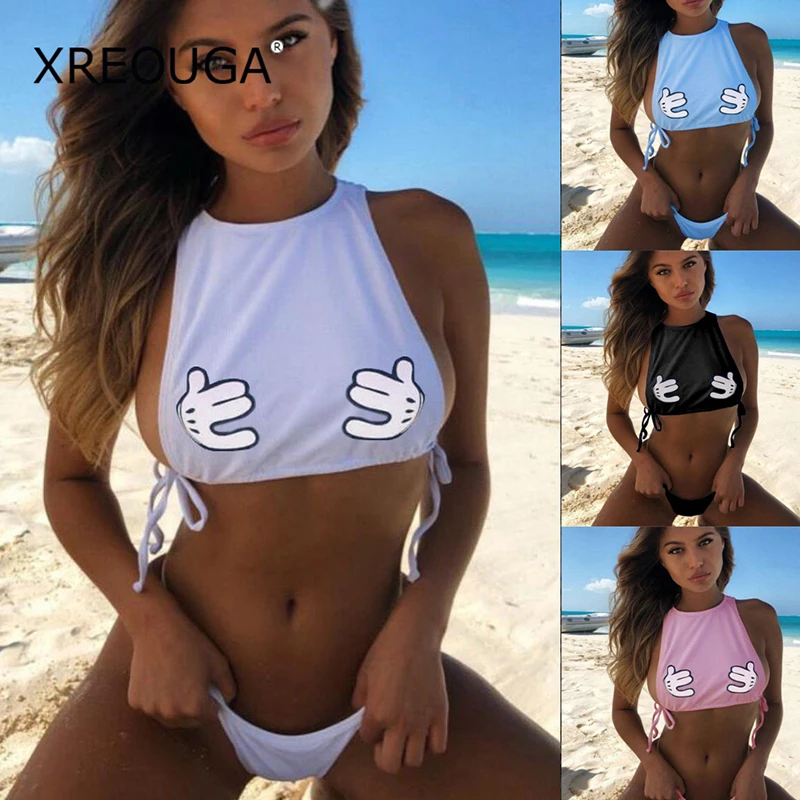 

XREOUGA Lady Cartoon Hand Print Bathing Suit Solid Mickey Side Tie Bandage Bikini Women Two Piece Swimsuit High Quality Swimwear