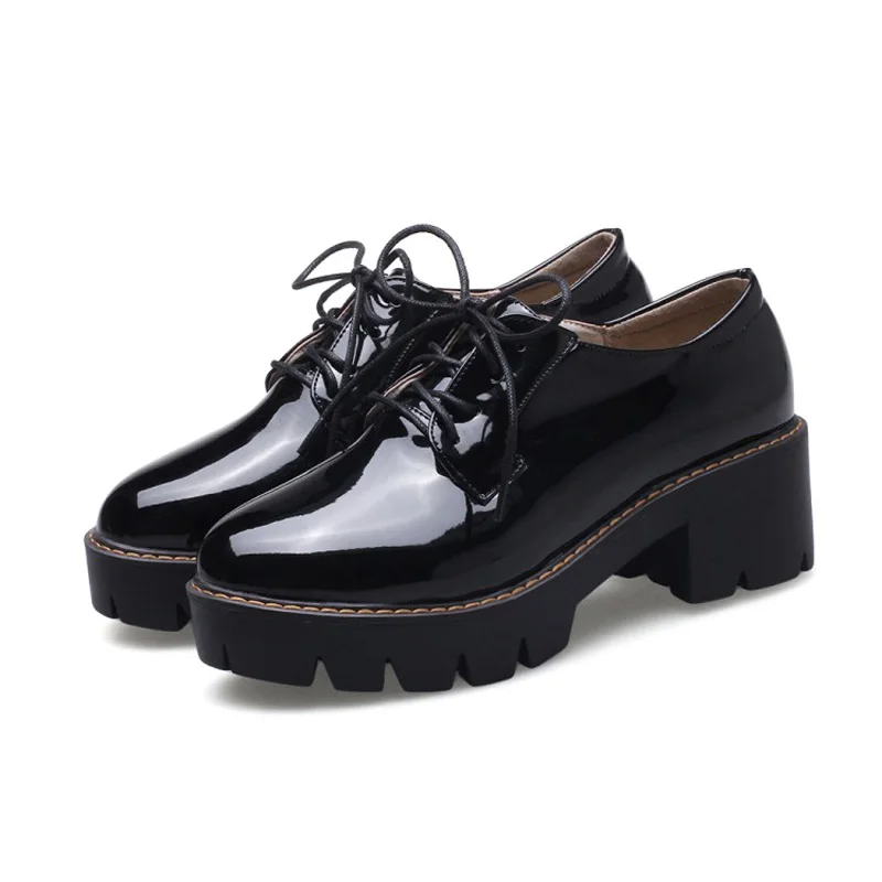 New Patent Leather Square Heel Women Pumps Casual Lace-Up Women Oxford Shoes Fashion High Heels Shoes Woman Platform Women Shoes (8)