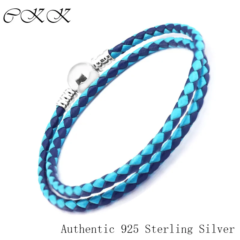

Mixed Blue Braided Leather Single & Double Bracelet 100% 925 Sterling Silver Ball Clasp Bracelets for Women Fit Charm Beads Gift
