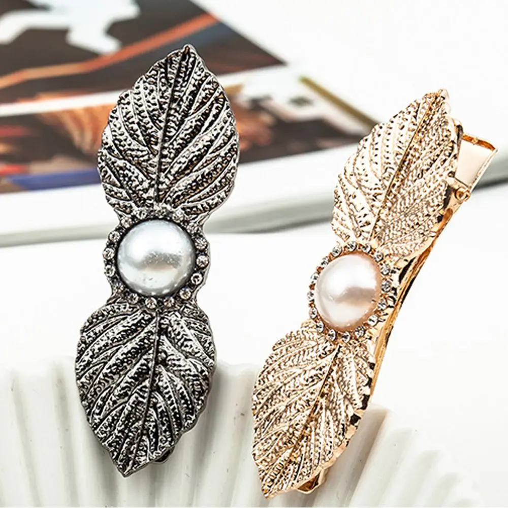 

Fashion Gold Silver Black Leaves Pearl Hair Clips For Women Hair Accessories Girls Tidy Bangs Hair Clip