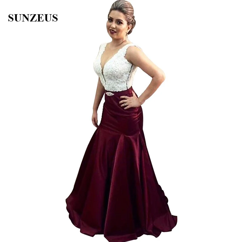 

Sexy Illusion V-neck Mother Of The Bride Dresses Ivory Appliques Lace Top Long Burgundy Women Party Gowns Satin CM205