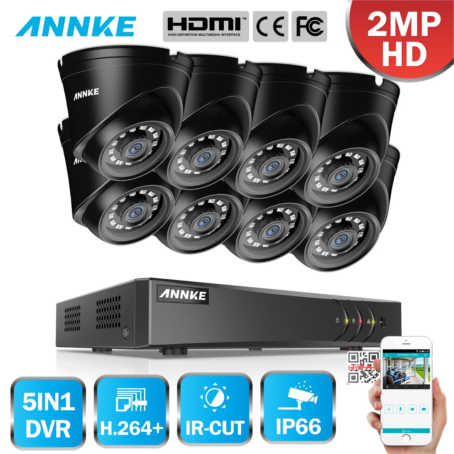 

ANNKE 8CH 1080P Home Video Security System Lite H.264+ 5in1 DVR With 8PCS TVI Smart IR Dome Weatherproof Outdoor Camera CCTV Kit