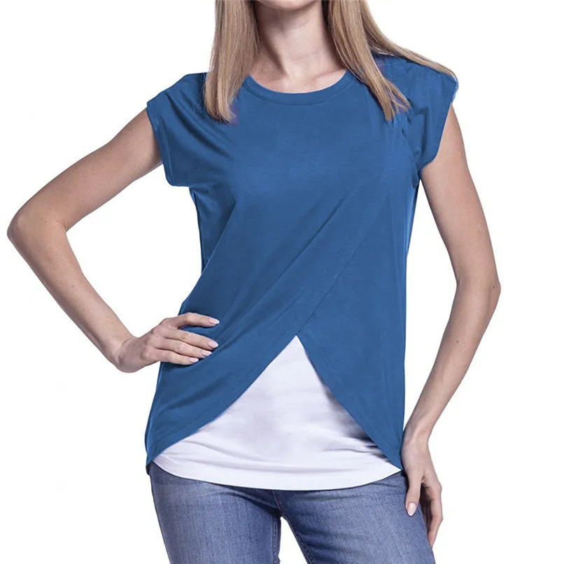 Maternity Clothes Breastfeeding Clothes Summer Maternity Nursing Wrap Top Short Sleeves Double Layer Blouse T-Shirt JE04#F (14)