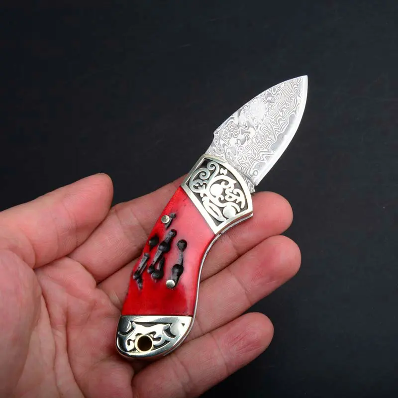 Hysenss небольшой дамасский тактический складной нож из дерева и кости с медной ручкой для кемпинга, охоты, выживания, карманный инструмент для повседневного использования