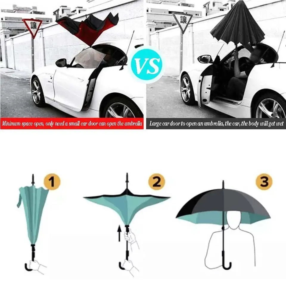 Double Layer Windproof Reverse Umbrella for Car in Rain UV Protection