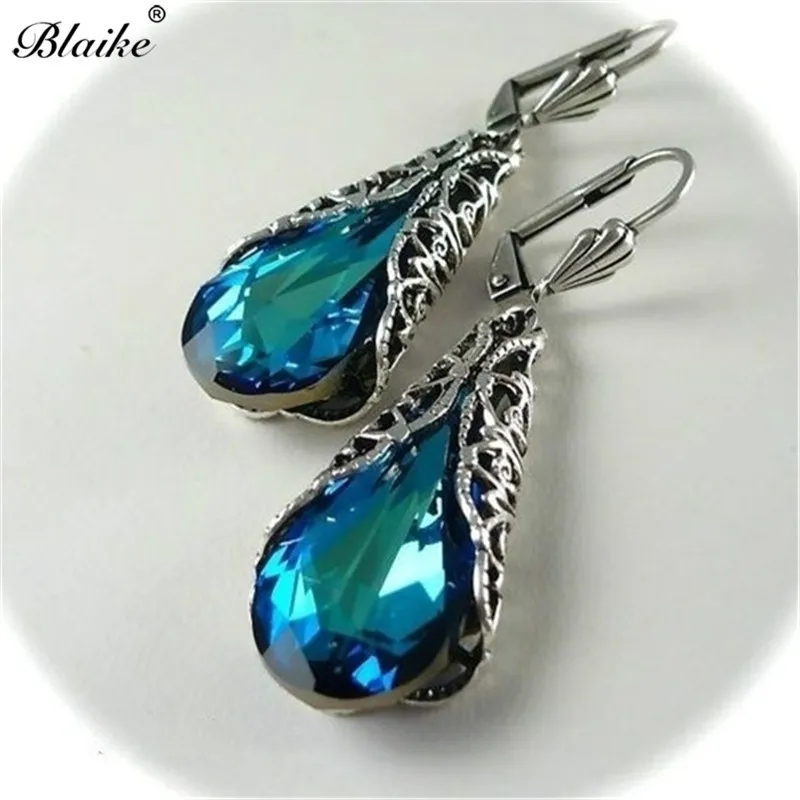 

Blaike Vintage Ethnic Natural Blue Rhinestone Hoop Earrings For Women Silver Filled Wedding Engagement Earring Jewelry Gifts