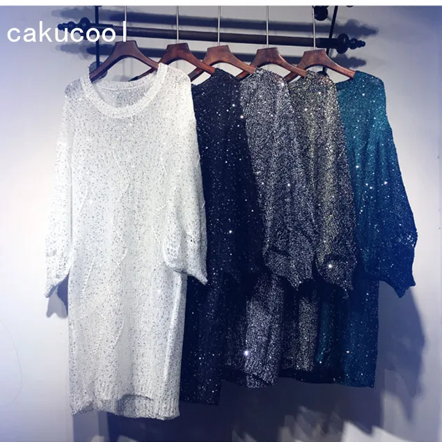

Cakucool Sequined Mini Dress Spring Long Sleeve Beading Vestidos Shiny Gold Lurex Big O-neck Casual Sexy Loose Knitted Dresses