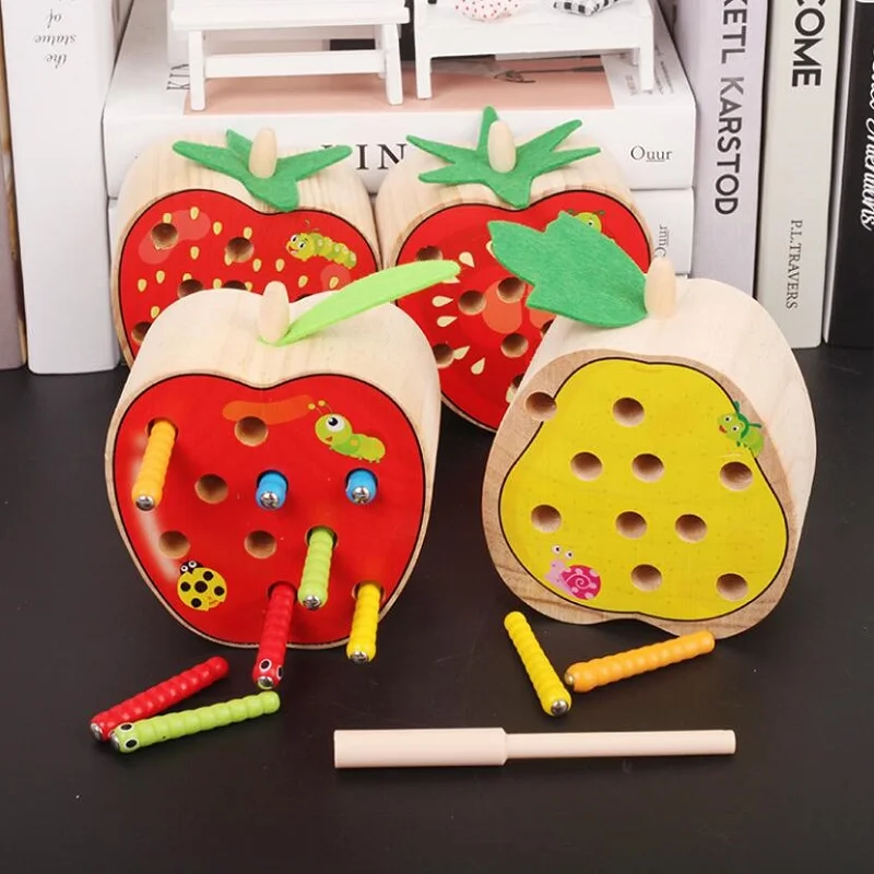 

Montessori Cute Fruits magnetic catch insects cognition match game puzzle wooden Toys For Children Birthday Gift