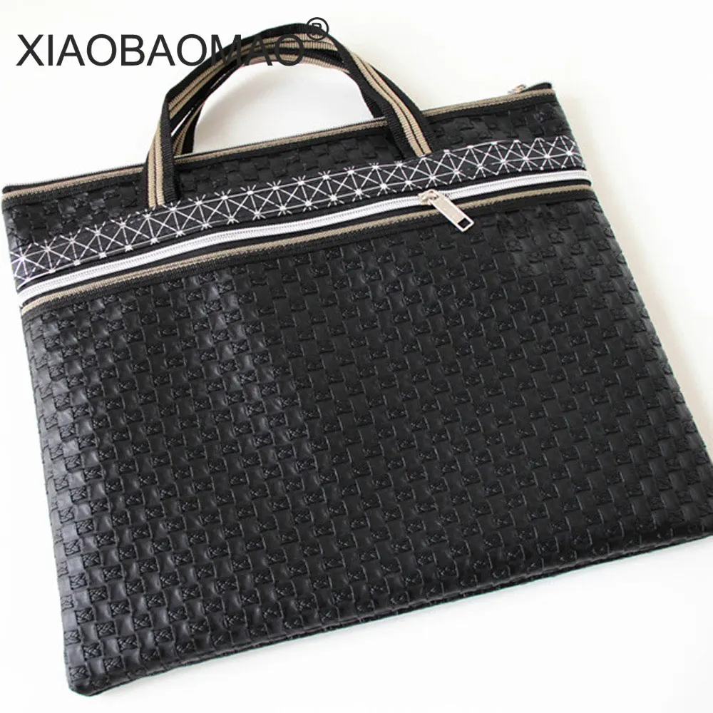 

XIAOBAOMAO PU+ Canvas Zipper File A4 Document Data Storage Container Organizer Travel Business Portfolio Briefcase Tote Black