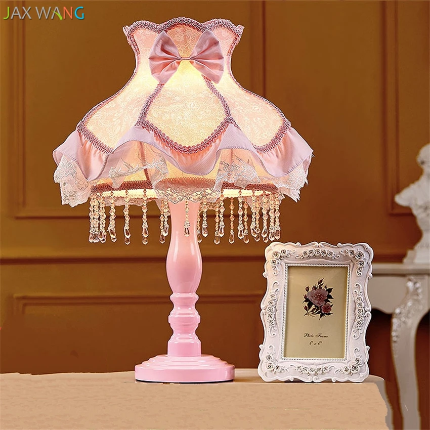European Pink Wedding Lace Lights Table Lamps Bedroom Princess Girl Room Fabric Crystal