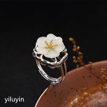 

KJJEAXCMY boutique jewelry S925 Sterling Silver gilded antique inlaid and field jade white jade plum blossom ring finger ring