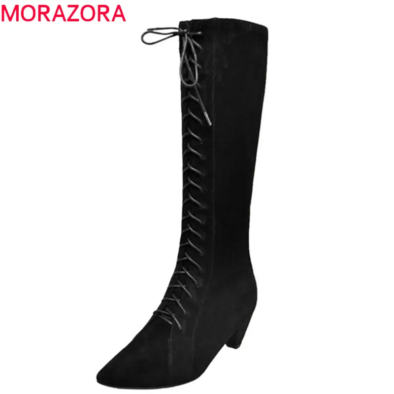 

MORAZORA 2020 hot sale knee high boots women pointed toe suede leather boots lace up zipper autumn winter boots dress shoes