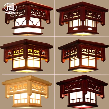 

New Chinese Style LED Wooden Pendant Lights Simple Parchment Wood Carved Bedroom Corridor Hotel Restaurant Pendant Lighting