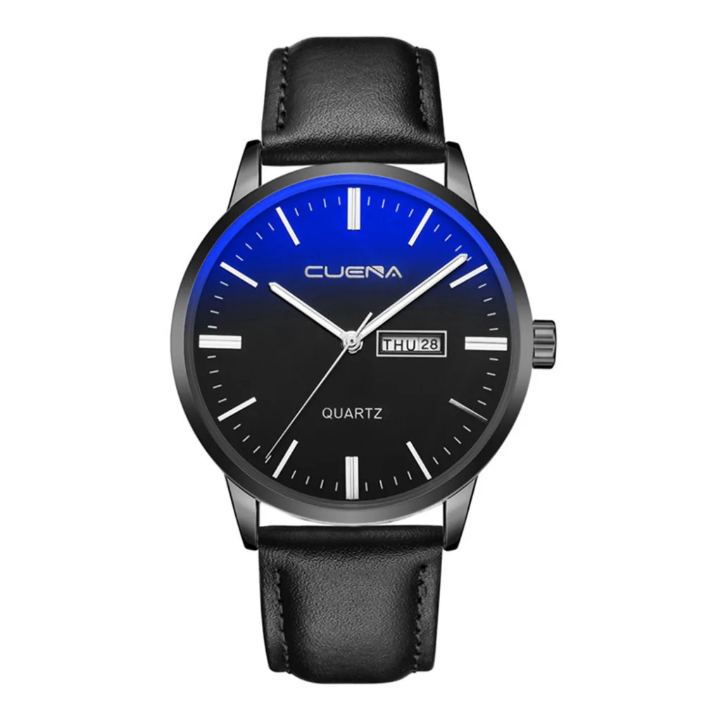 

Watch Men Luxury Fashion Faux Leather Mens Blue Ray Glass Quartz Analog Watches Wrist Watch With Calendar relogio masculino A40