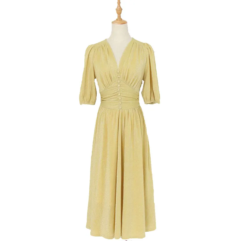 

PERHAPS U green yellow lurex v neck bling vintage dress fit and flare midi short sleeve solid D1154