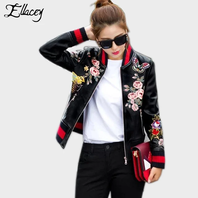 New Arrival 2018 Sukajan Souvenir Motorcycle PU Leather Jacket Women Short Floral Printed Embroidery Baseball Varsity