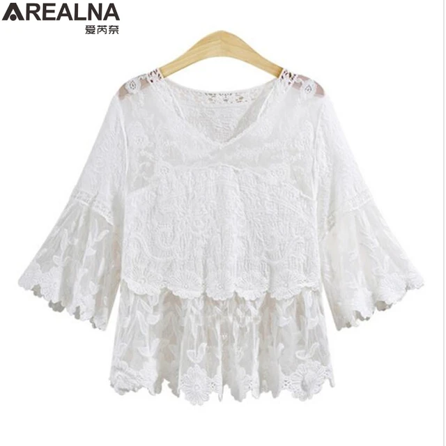 Women blouses 2020 new summer white lace blouse Women V neck Three Quarter Sleeve Hollow out sexy shirts Plus size Ladies Tops 3