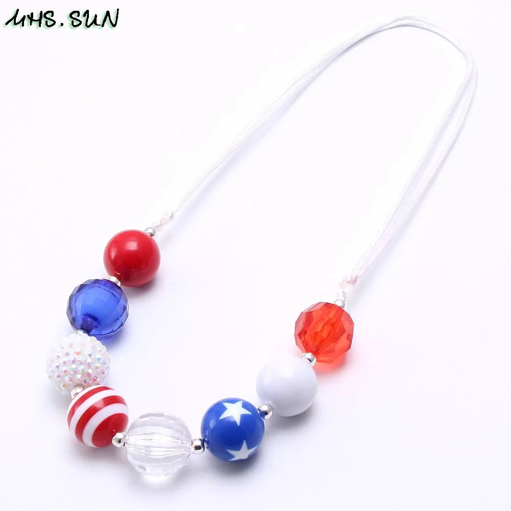 BN576-1 (1),$1.8-1PC,50g.4th July USA Flag Style Kids Baby Chunky Strand Beaded Necklace Cute Bubblegum Necklace Rope Chain Choker Necklace 1PCJPG