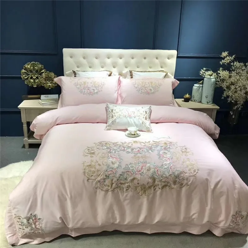 

Pink luxury Pastoral Royal Embroidery 80S Egyptian Cotton Bedding Set Duvet Cover Bed sheet Pillowcases Queen King Size 4/7pcs