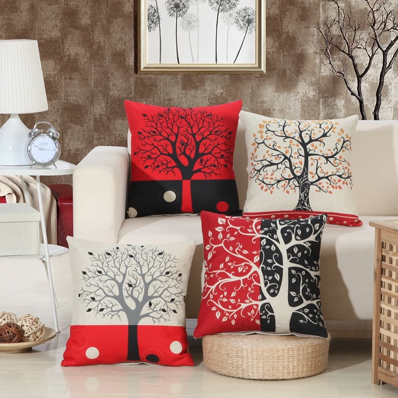 

Happy Tree Cushion Cover Life Tree Print Sofa Decorative Pillows Cotton Linen Pillow Cover Red Black Grey Cushion Covers 45x45cm