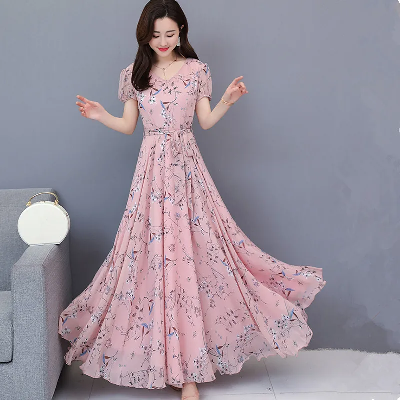 

Long Floral Chiffon Loose Dress 2019 Summer Elegant Dress Bohemia Beach Dress Large Size Clothing for Women Dresses aa577
