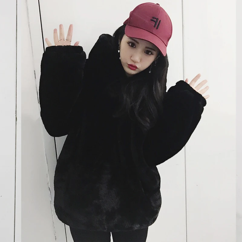 

Autumn and winter Rex Rabbit Fur women's long coat loose fashion hooded Faux Fur coat