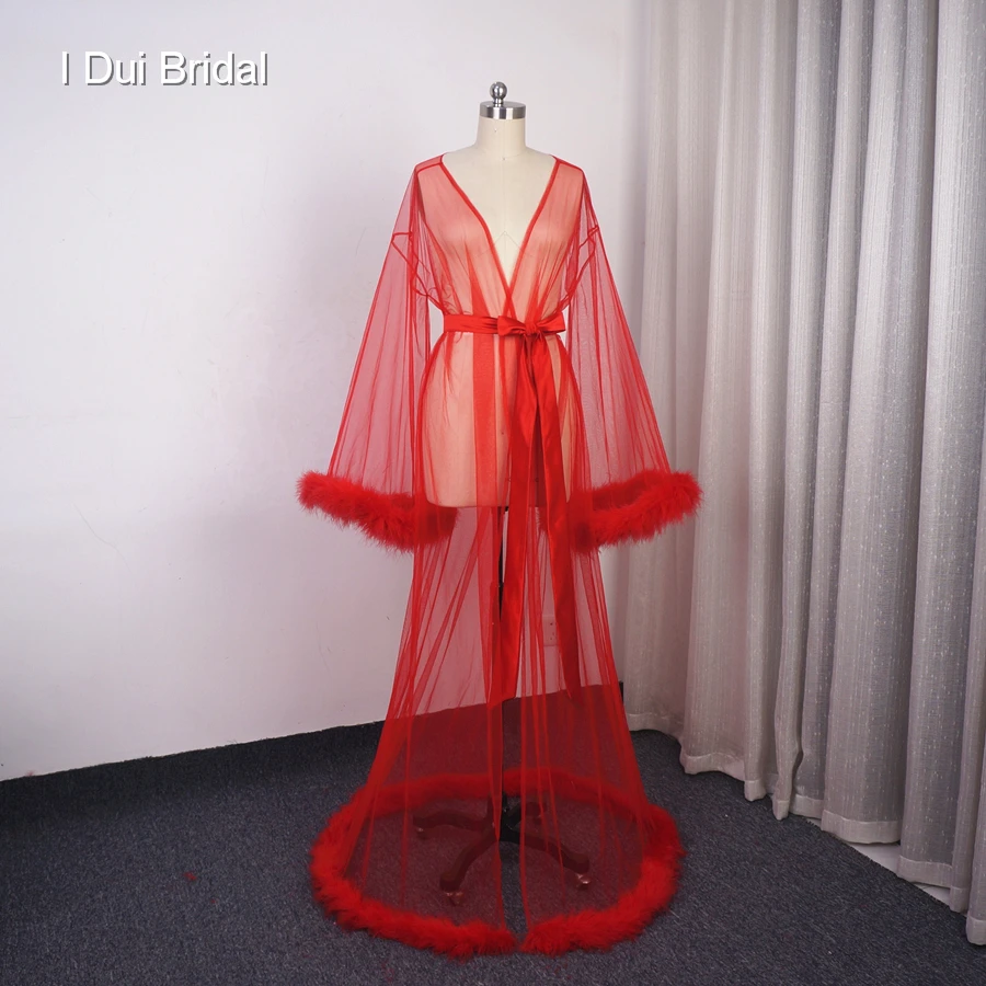 Red Feather Sheer Bridal Robe Tulle Illusion Long Sleeve Wedding Birthday Feather Robe