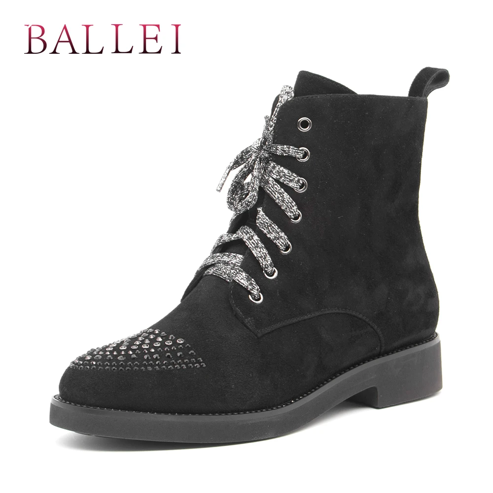 

BALLEI Handmade Woman Ankle Boot Luxury High Quality Kid Suede Retro Round Toe Rivet Shoes Fashion Lace-up Zipper Warm Boot B40