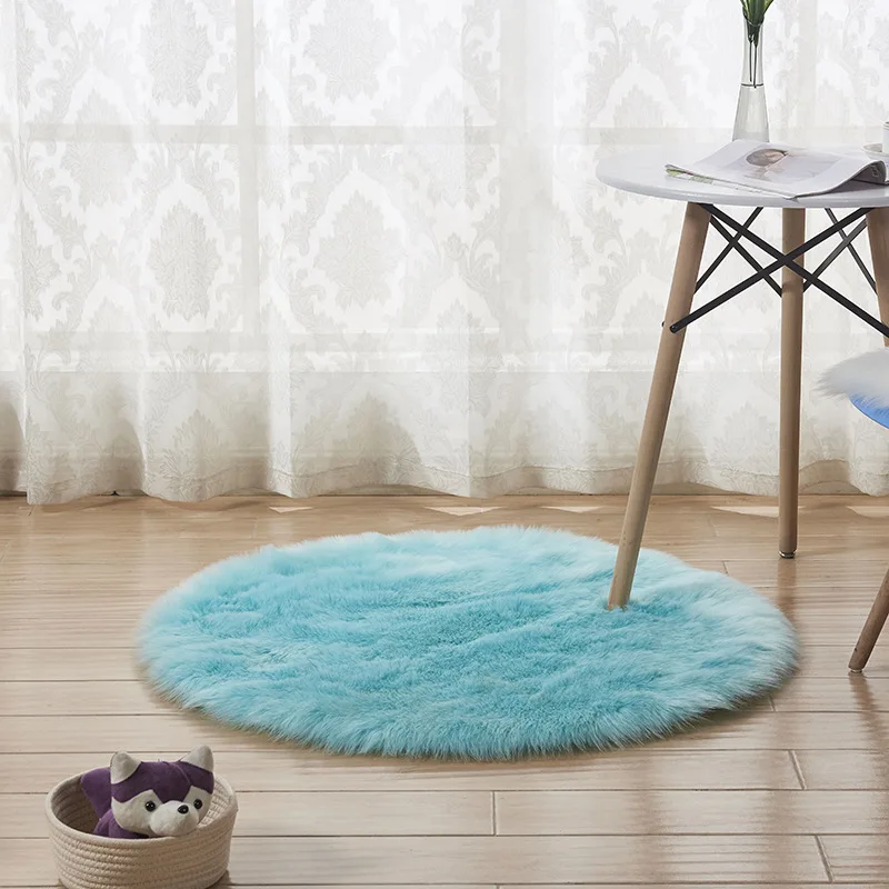 RFWCAK Luxury Round Sheepskin Hairy Carpets For Living Room Faux Mat Seat Pad Fur Plain Fluffy Soft Area Rug HomeTextile Tapete - Цвет: light blue