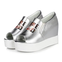 Weiß/Silber Pu Leder Hohe Keile Sommer Pumpen Für Frauen Slip On Platform Damen Schuhe Peeptoe Größe ER34-39 7502