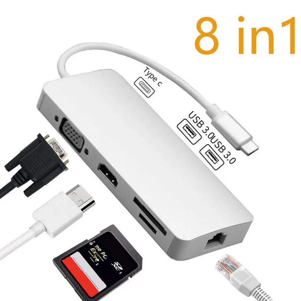 

8 in 1 USB 3.0 Type C Hub SD TF Card Reader HDMI VGA RJ45 Ethernet Combo Adapter