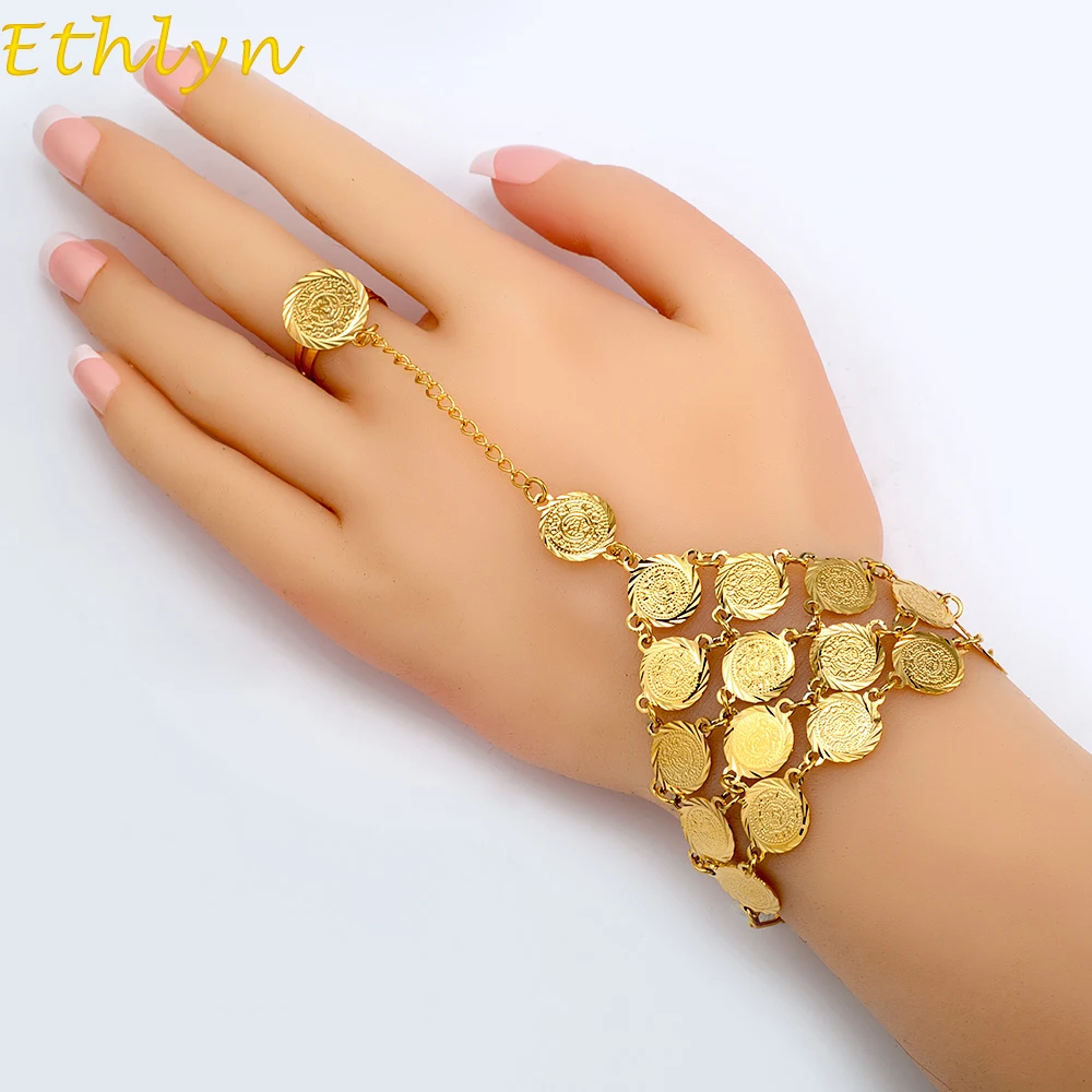 Ethlyn Coins Bracelet for Women Islam Muslim Arab Coin Money Sign Gold Color Middle Eastern Jewelry Bangle Metal Coin B017