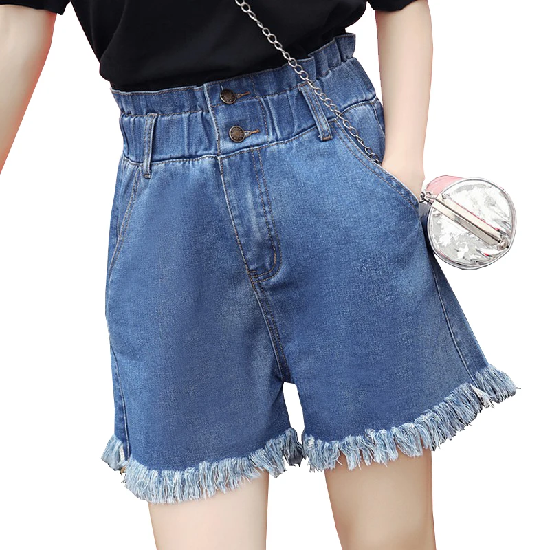 

EXOTAO Vintage Women Denim Shorts 2017 Summer Solid Color High Waist Tassels Jeans Pantalones Loose Short Pants Elastic Waist