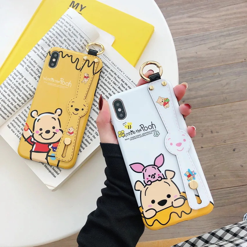 With wristband Cases For iPhone X XS MAX XR 6 6s 7 8 Plus Case Cover Smooth Fashion Cartoon Bear Phone Funda Coque Fundas |