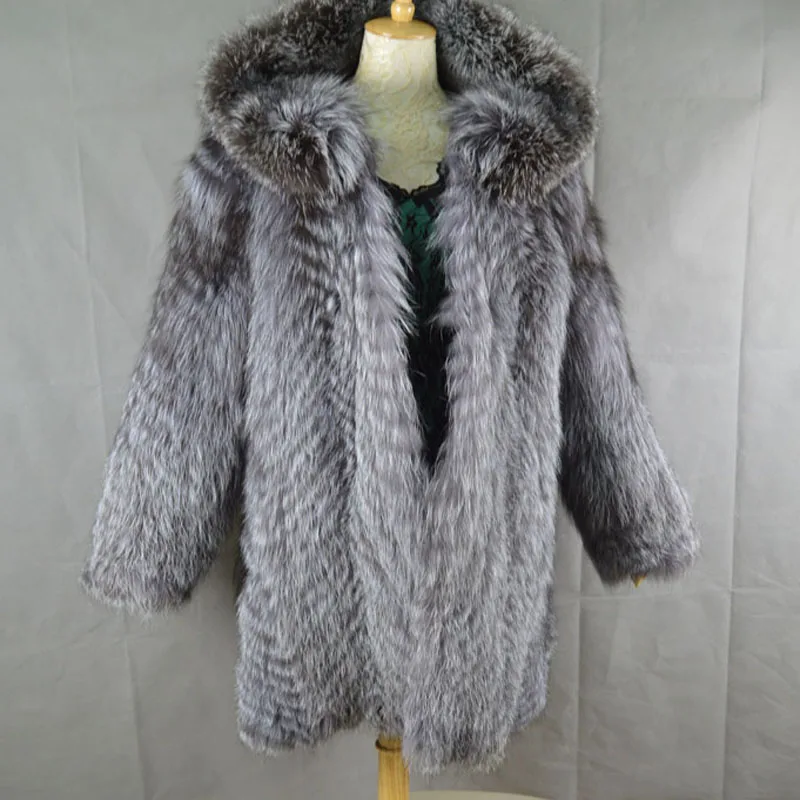 Buy Women Real Silver Fox Fur Coat with Hood Warm
