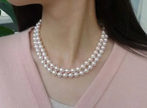 

19" double strands 8-9mm Akoya white round pearl necklace18"19"14K gold clasp (0926)