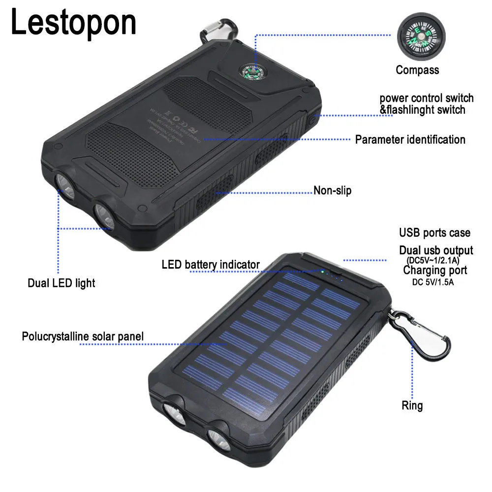 Günstige Solar Power Bank Echt 20000 mAh Dual USB Externe Wasserdichte Polymer Ladegerät Im Freien Licht Lampe Power Ferisi