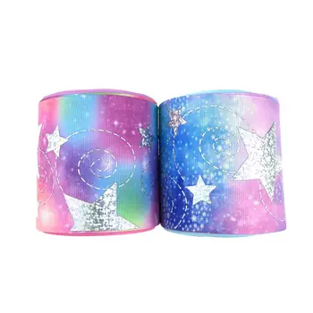 

75mm (3 inch) silver stars foil printed with rainbow grosgrain ribbon for making big bows , DIY handmade material