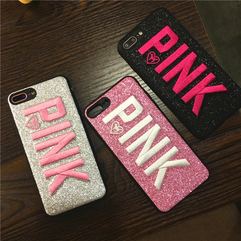

3D Embroidery Glitter Pink Case for iPhone 11 pro 8 7 6 6S Plus X XS max XR Soft Silicon Shiny Pet dog Blinking Cover Coque